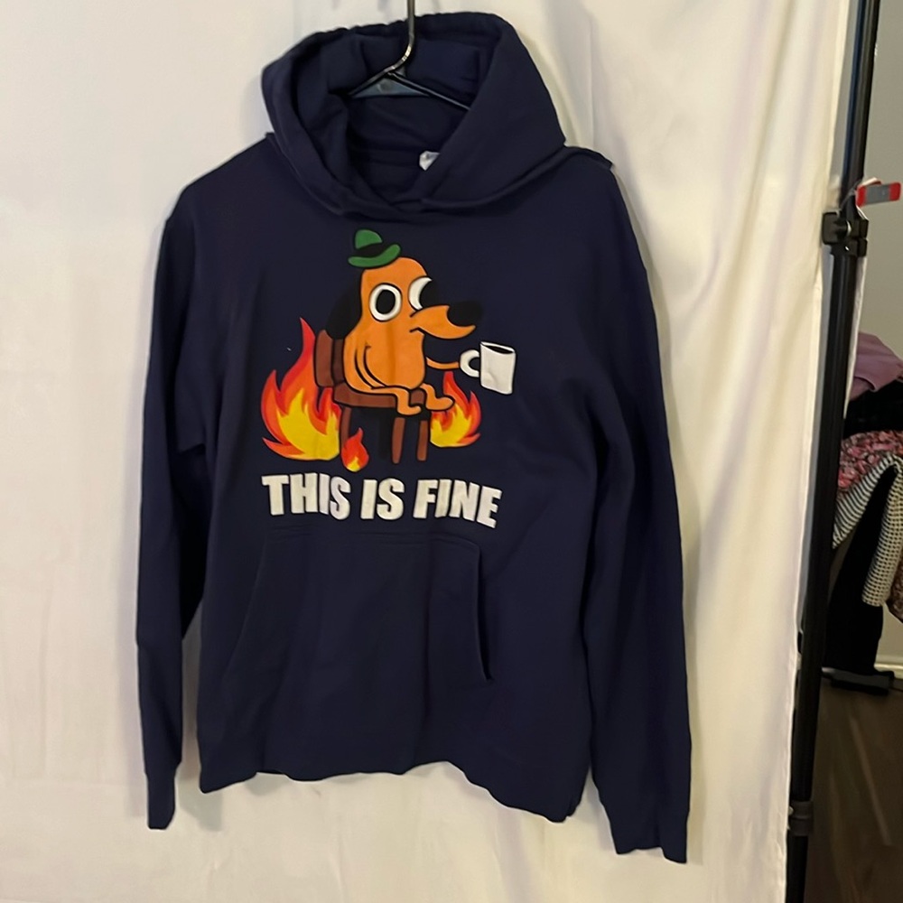 Navy This is Fine meme dog hoodie sz L